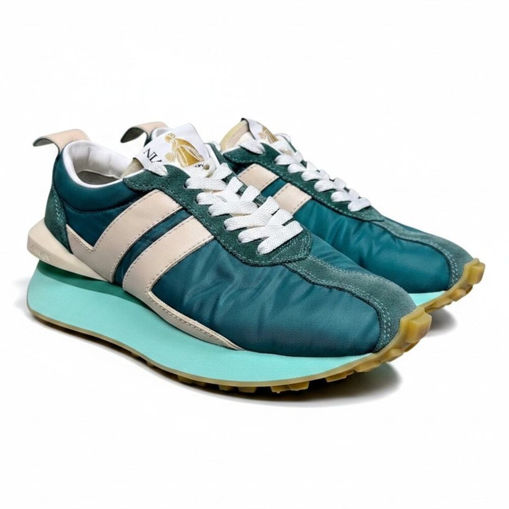 Lanvin Women's 37 Peacock Blue White Bumper Suede Leather Lace Up Sneakers US 6